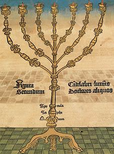 Menora przedstawiona na drzeworytniczej ilustracji w Liber Cronicarum wydanej w 1493 roku w Norymberdze przez Antona Kobergera.