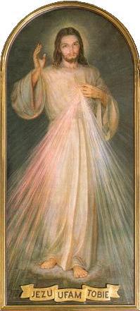 Obraz Miłosierdzia Bożego (II), malunek: Adolf Hyła, w 1944 r., kaplica Zgromadzenia Sióstr Matki Bożej Miłosierdzia w Krakowie-Łagiewnikach.
